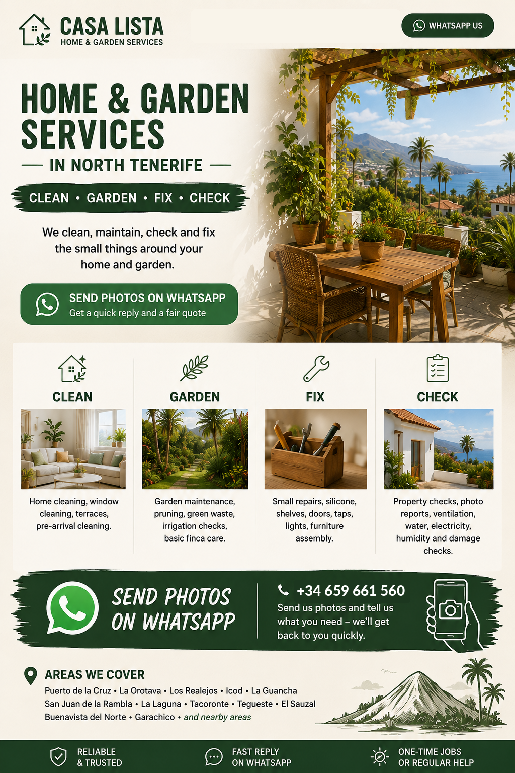 Casa Lista - Home and Garden Services in North Tenerife. Cleaning, Garden, Fix, Check. Send photos on WhatsApp.